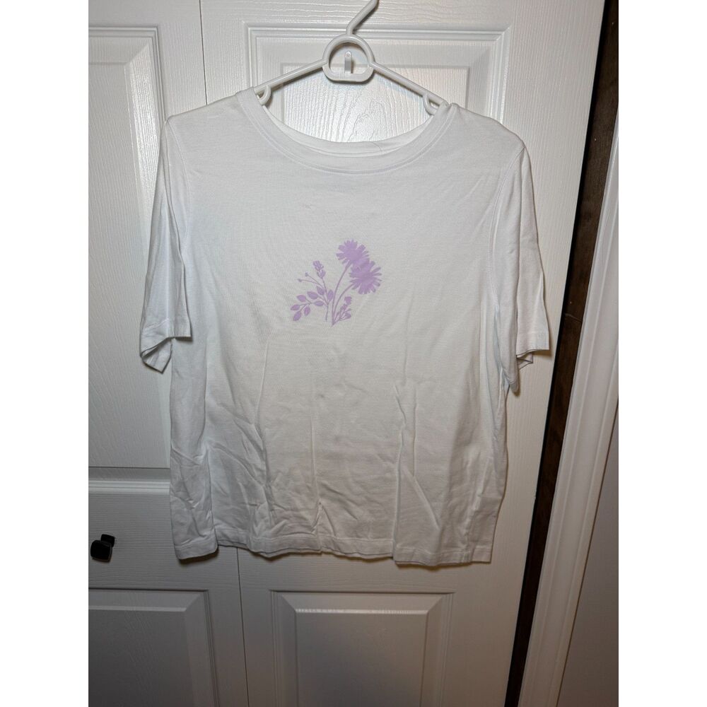 National Women’s Large White Purple Floral Short Sleeve Top 1848